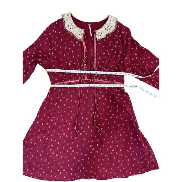 FREE PEOPLE RED DELFINA LACE COLLAR VELVET TRIM MINI DRESS SIZE L - Picture 11 of 16